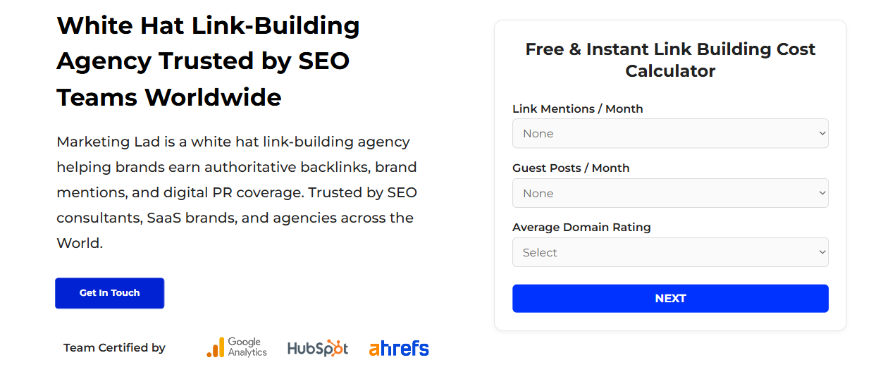 Marketing Lad homepage section describing its white-hat link-building service beside a cost calculator.