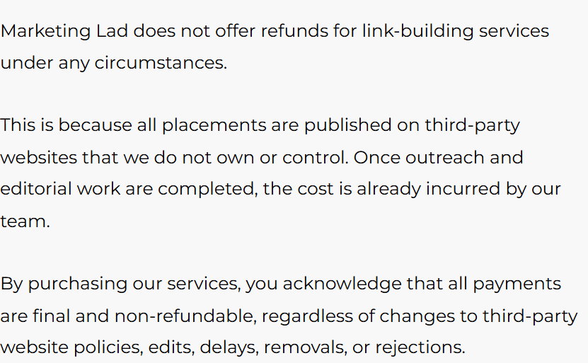Marketing Lad terms stating that link-building payments are final and non-refundable.